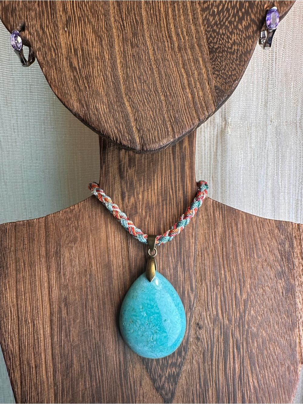 Handcrafted Green Coral Fossil Teardrop Pendant Necklace on Multicolor Rope - Picture 10 of 15